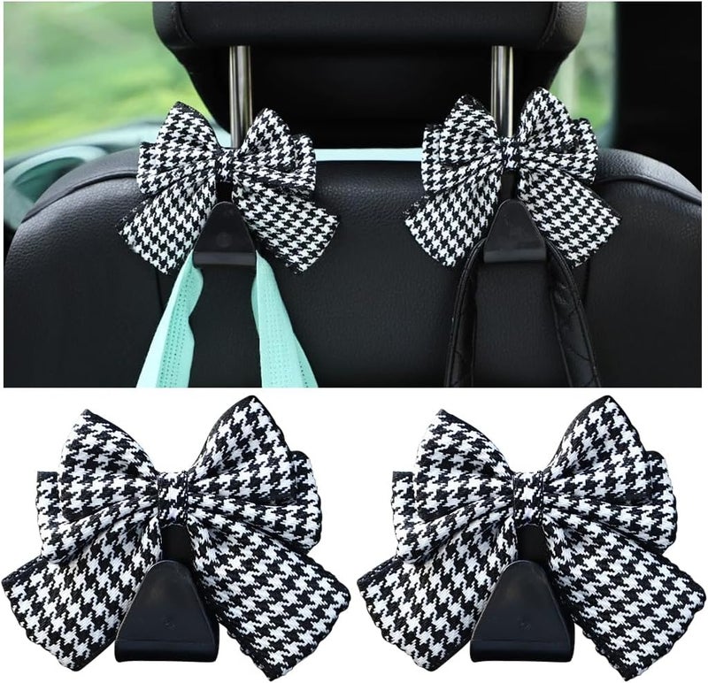 Mandark 2PCS Car Seat Headrest Hooks, Cute Bow Vehicle Hooks for Purses and Bags, Automotive Purse Hook Hanger Interior Decoration Accessories, Universal for SUV, Sedan, Truck (Black/White Line) - Image 1
